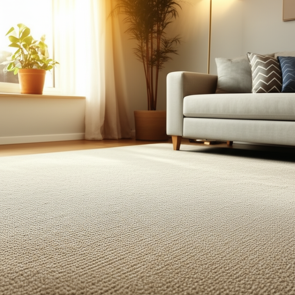 A bright and clean living room with a plush, freshly cleaned carpet, showcasing a professional result.
